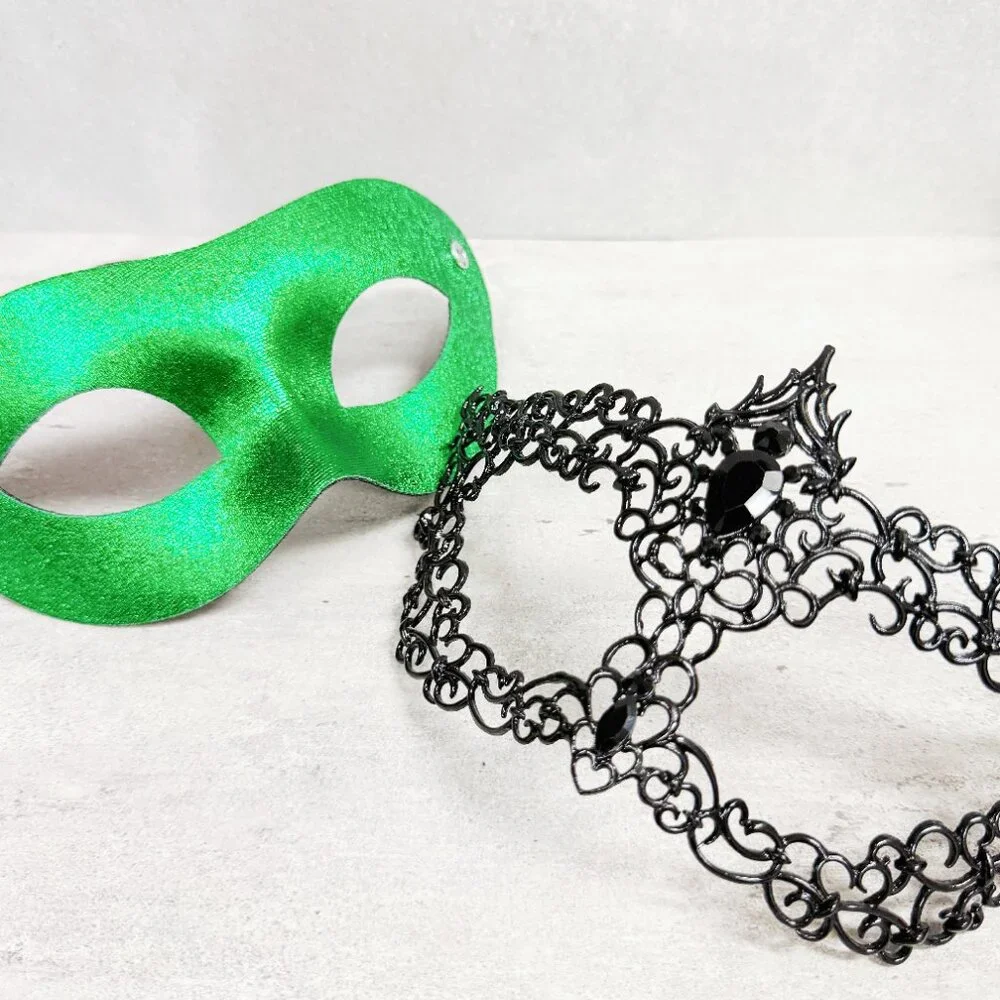 Mens masquerade mask, Black green mask, Venetian mask, Prom mask, 2 in 1 mask